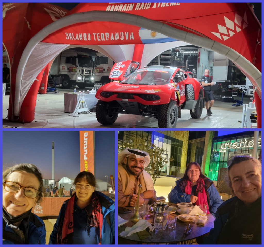 One of the Dakar 2022 race cars and Marina and Dawn with Ali at dinner