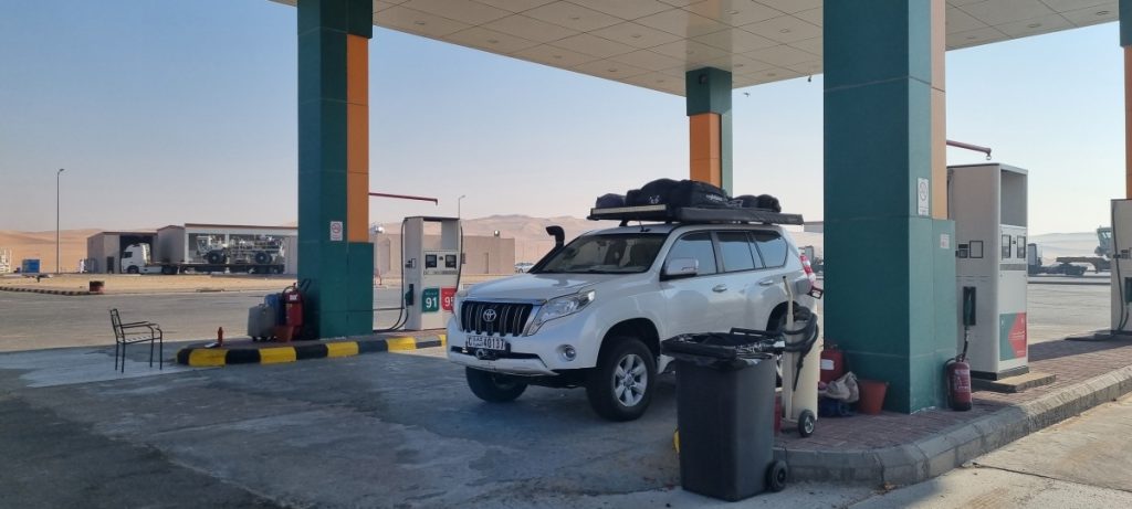 A Toyota Prado parked at a fuel station on the Rub al Khali Road