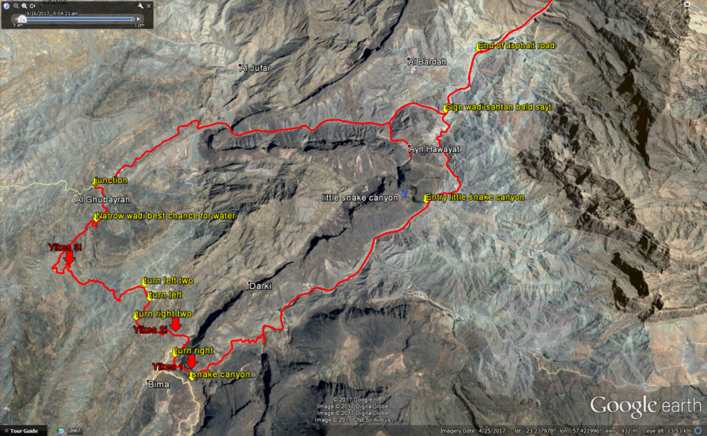 A Google Earth map of the route to take through Wadi Bani Auf