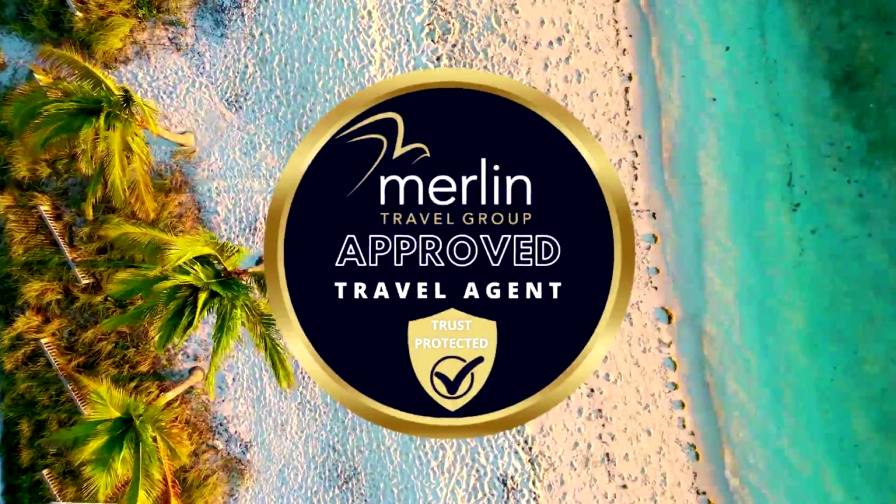 The Merlin Travel Group logo superimposed on a palm lined beach