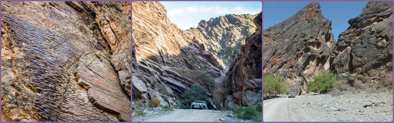 Three pictures in a collage that show the differing rock structure of the Hajar Mountains