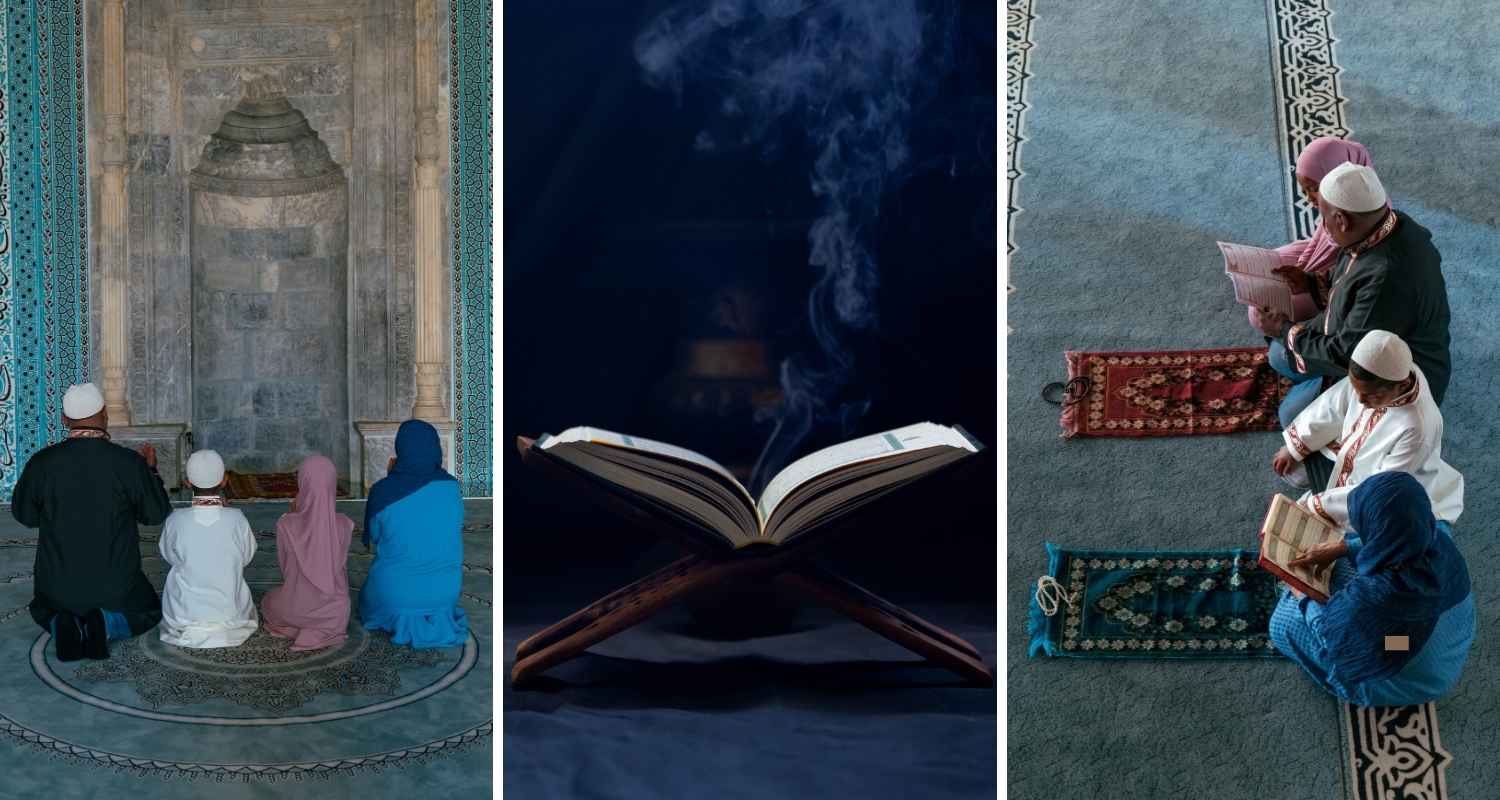 A collage of a family at prayer in a mosque, studying the Quran during Ramadan