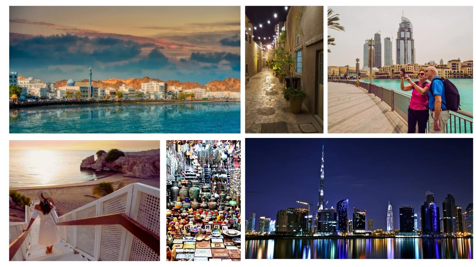 Muscat and Dubai Collage - Arabian Cities and Sands A collage of pictures showing location in Muscat & Dubai