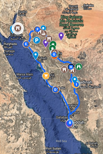 map of north west saudi arabia with a circular road route